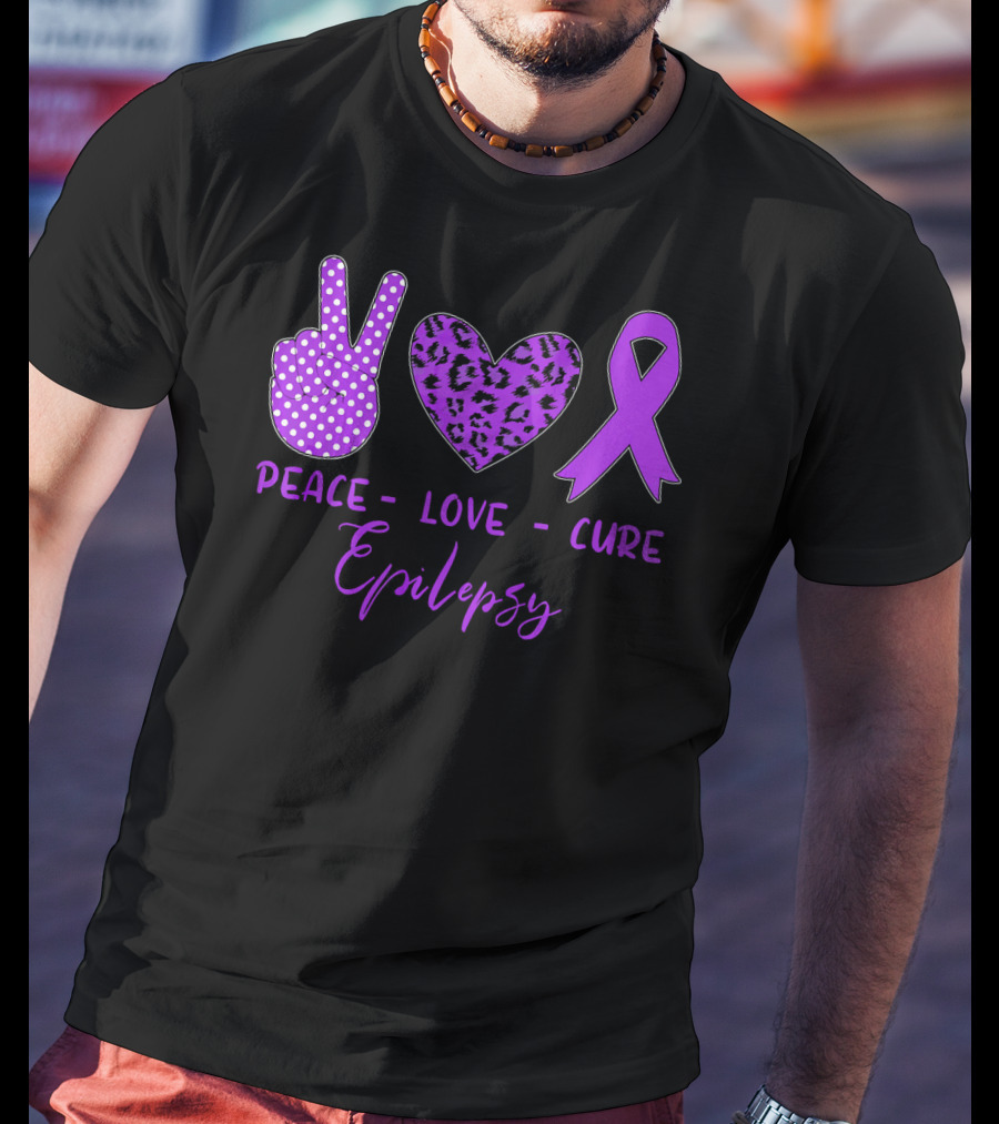 Peace Love Cure Epilepsy Purple Ribbon Polka Dot Leopard Print T-Shirt