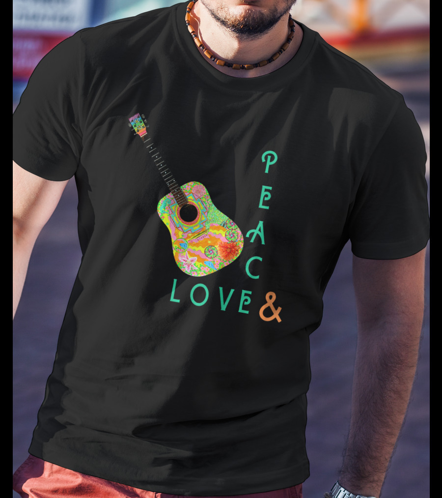 Colorful Guitar Peace Love And Music Vibrant T-Shirt