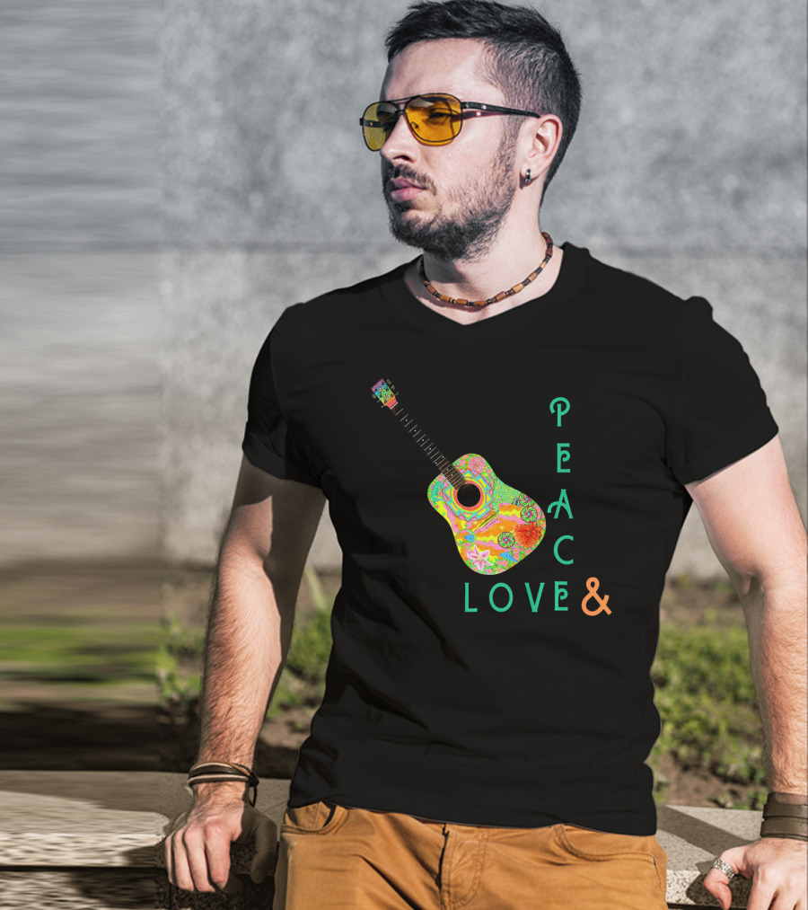 Colorful Guitar Peace Love And Music Vibrant T-Shirt