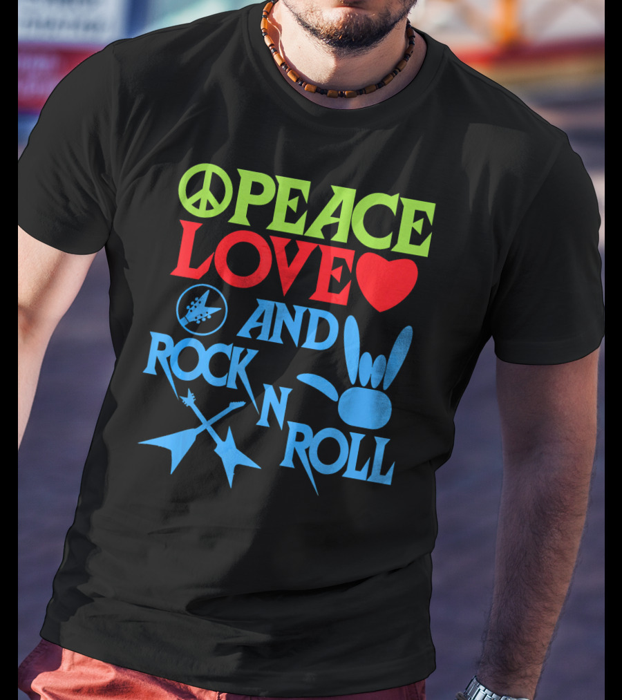 Peace Love Heart And Rock N Roll Peace Sign Guitar Hand Gesture T-Shirt