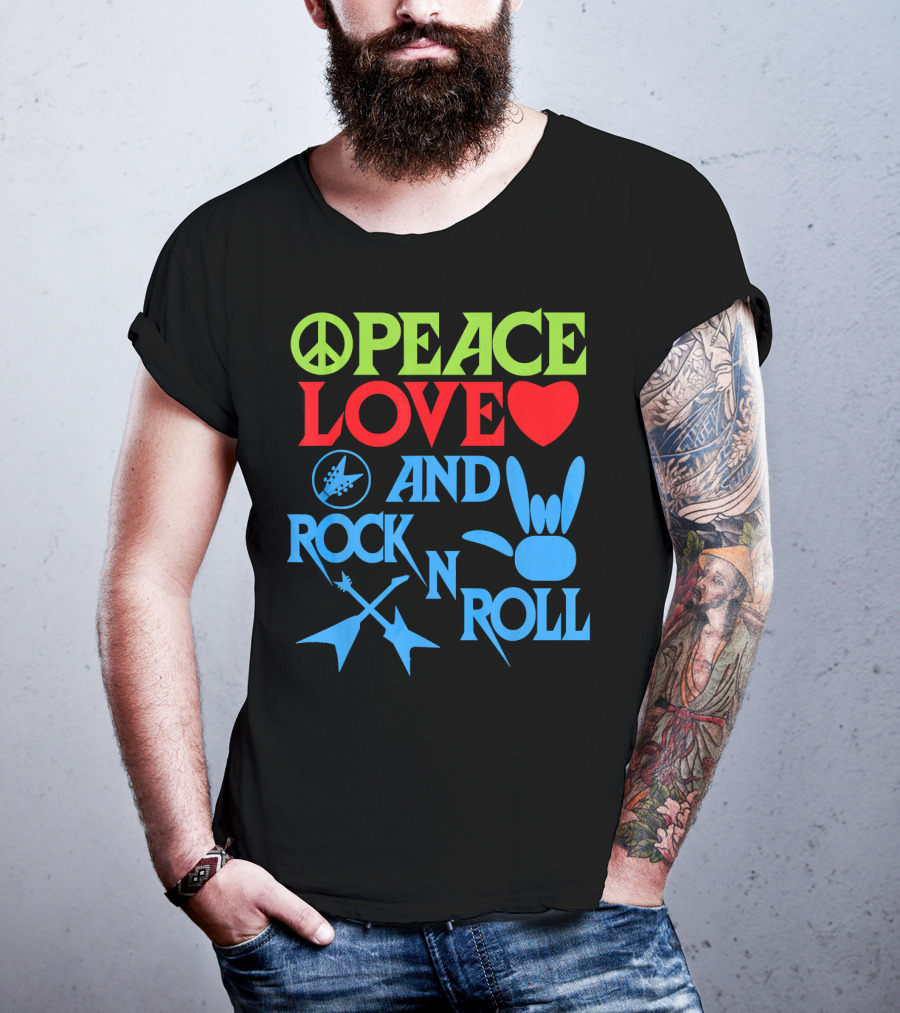Peace Love Heart And Rock N Roll Peace Sign Guitar Hand Gesture T-Shirt
