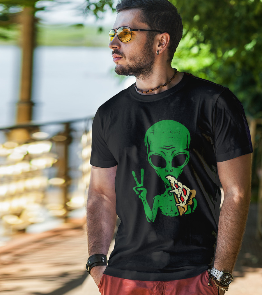 Alien Pizza Eating Peace Funny Space Are T-Shirt