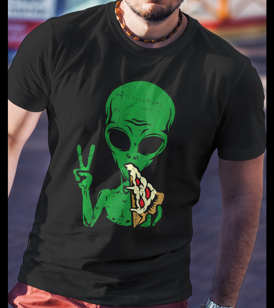 Alien Pizza Eating Peace Funny Space Are T-Shirt