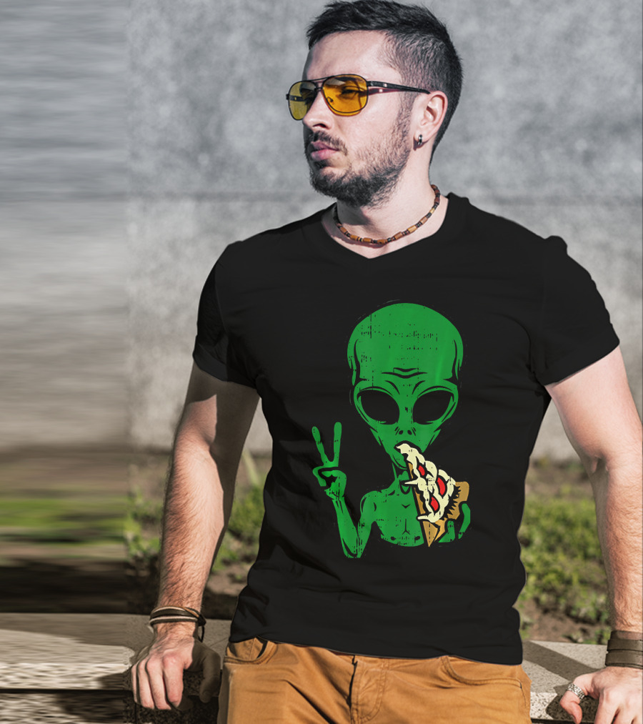 Alien Pizza Eating Peace Funny Space Are T-Shirt
