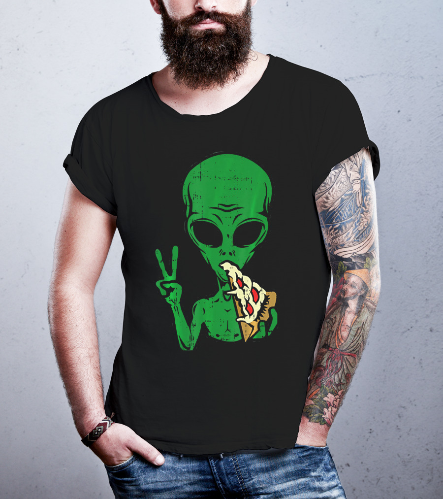 Alien Pizza Eating Peace Funny Space Are T-Shirt