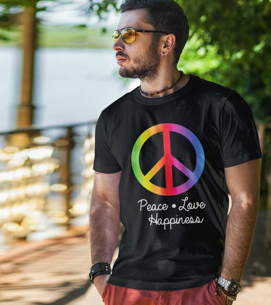 Peace Love Happiness Rainbow Peace Sign Hippie T-Shirt