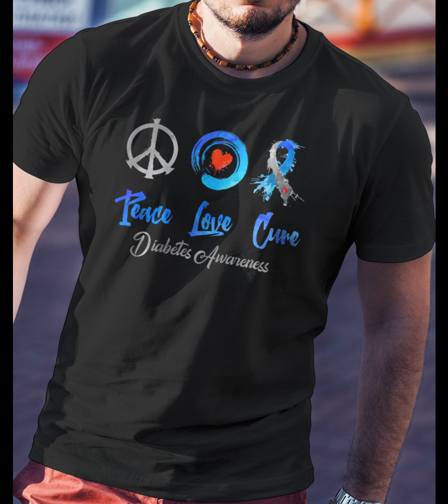 Peace Love Cure Diabetes Awareness Grey Blue T-Shirt