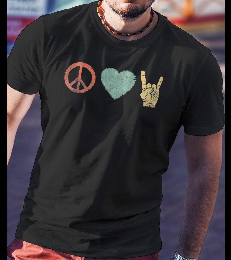 Peace Love Rock Gesture Retro Vintage Rock And Roll T-Shirt
