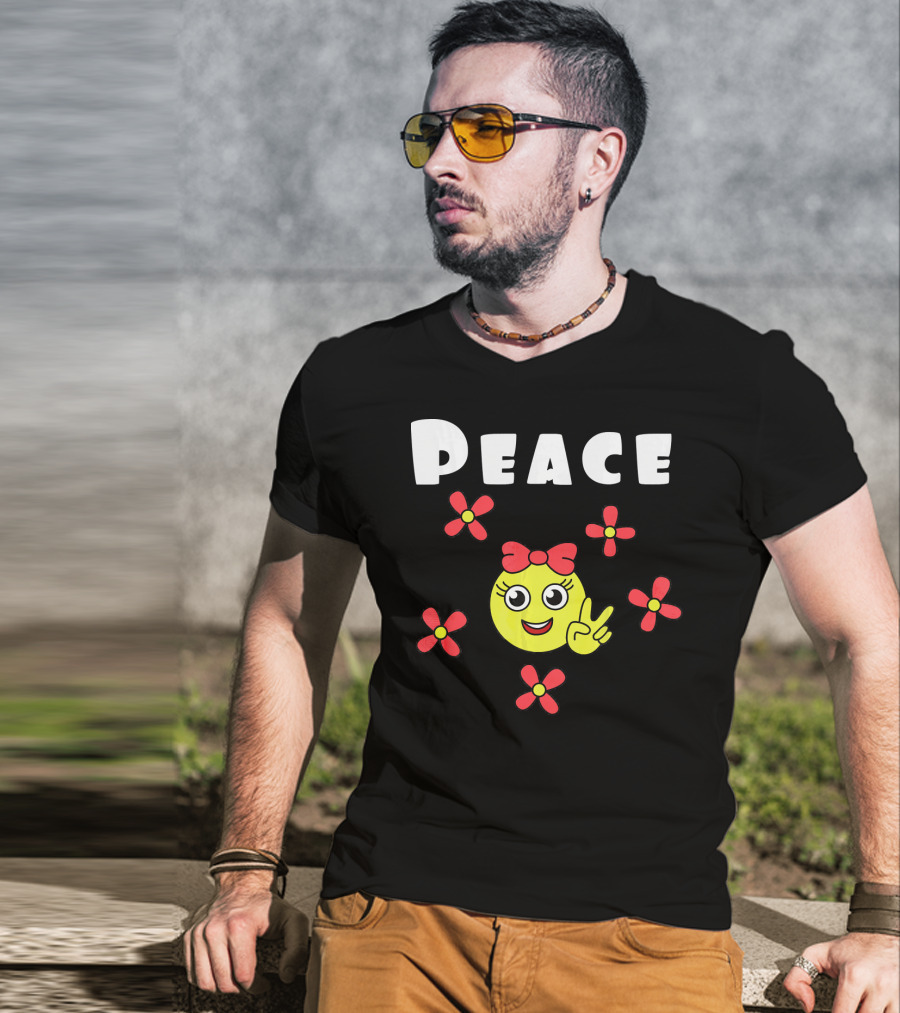 Peace Smiley Face With Flowers And Bow T-Shirt