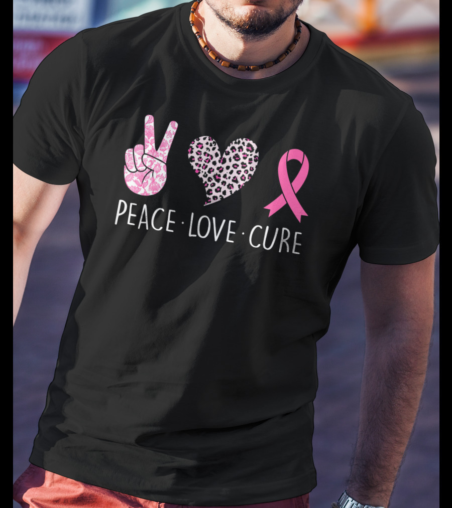 Peace Love Cure Pink Ribbon Heart Breast Cancer Awareness T-Shirt