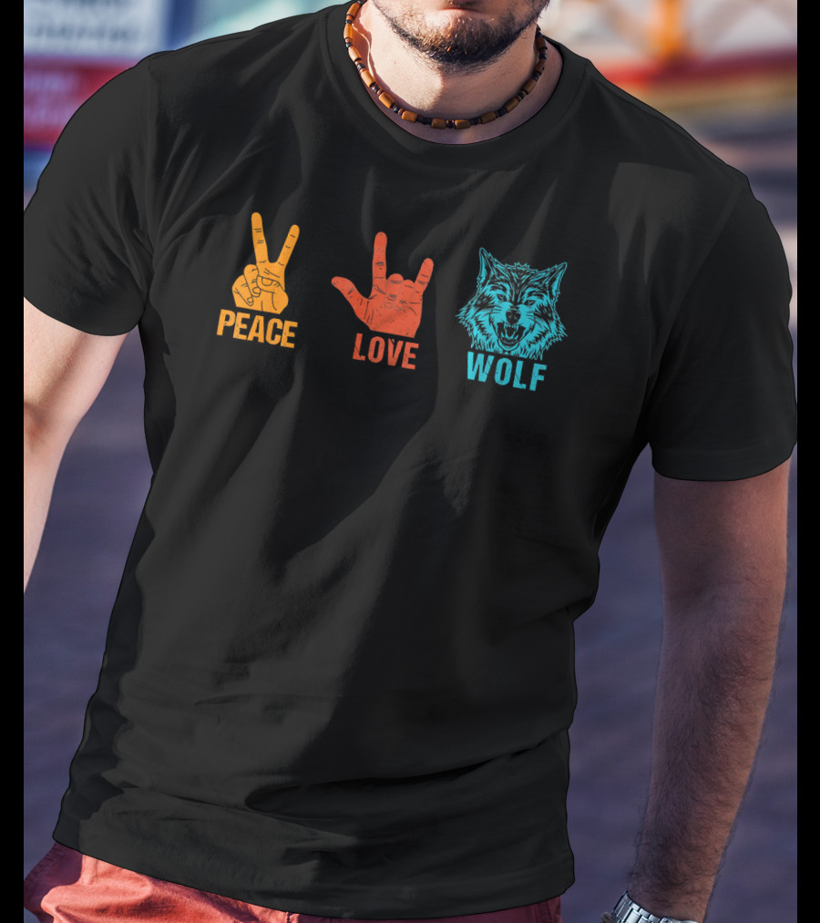 Peace Love Wolf Hand Signs Vintage Wolf Head T-Shirt