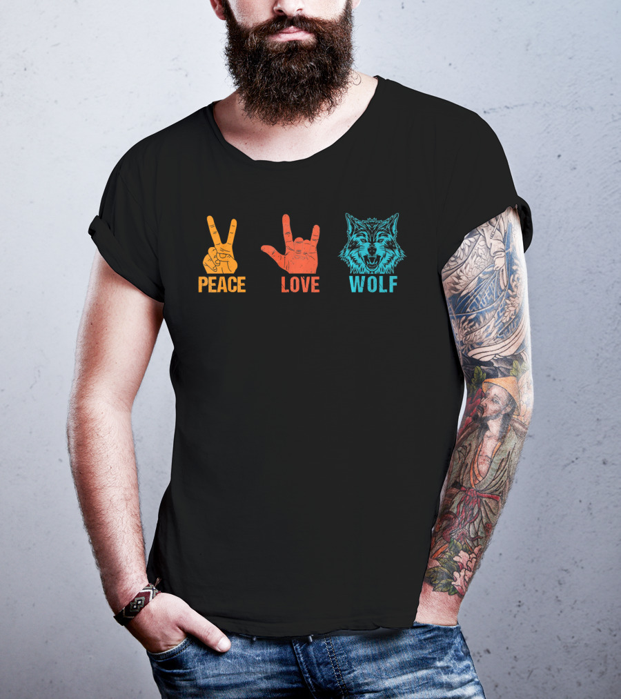 Peace Love Wolf Hand Signs Vintage Wolf Head T-Shirt
