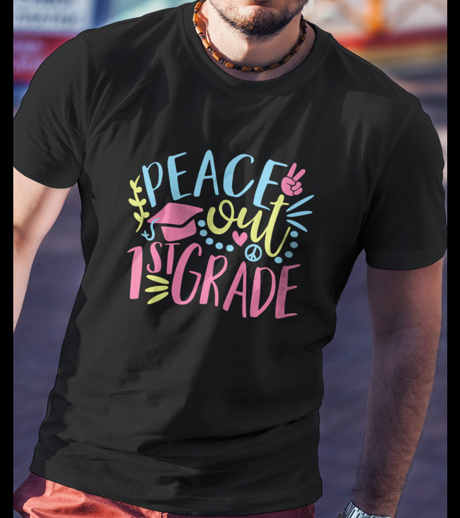 Peace Out 1st Grade Rainbow Heart Peace Sign Graduation T-Shirt