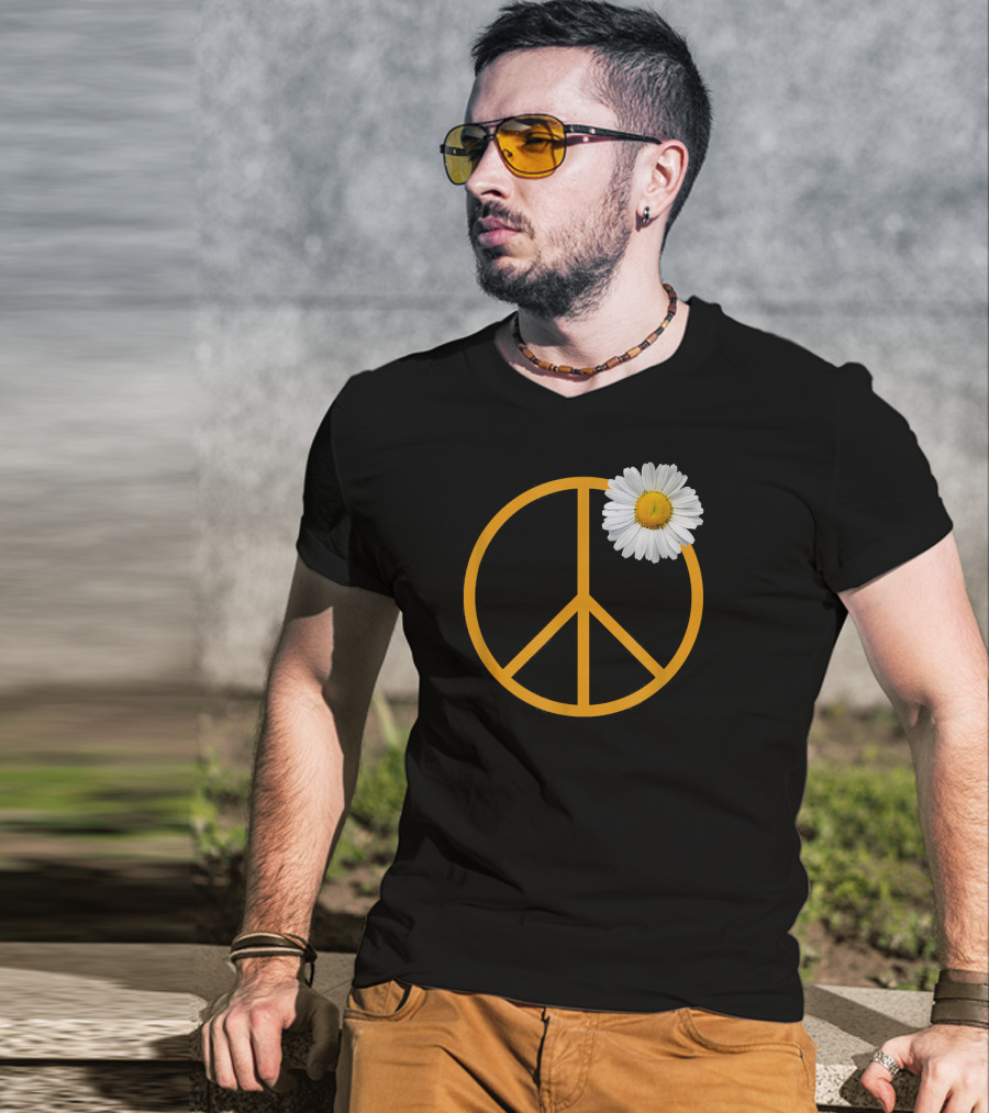 Peace Sign White Flower Boho Hippie Style Iconic T-Shirt
