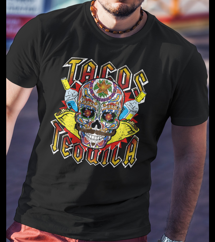 Tacos Tequila Sugar Skull Vintage Mexican T-Shirt