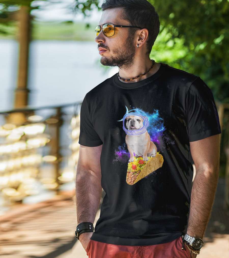 Space English Bulldog Astronaut Riding Taco In Galaxy T-Shirt