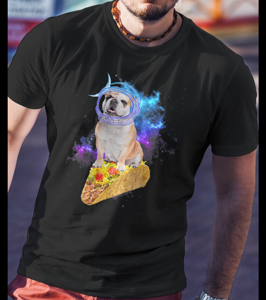 Space English Bulldog Astronaut Riding Taco In Galaxy T-Shirt