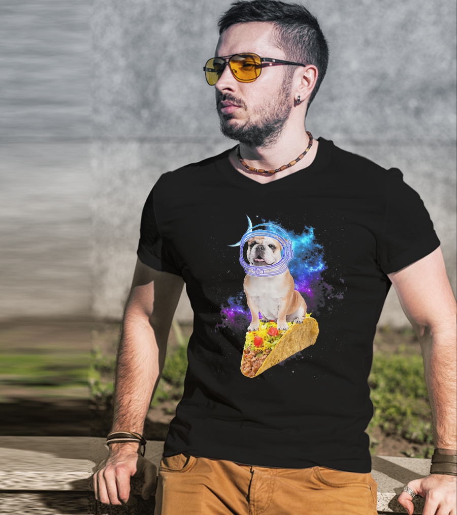 Space English Bulldog Astronaut Riding Taco In Galaxy T-Shirt