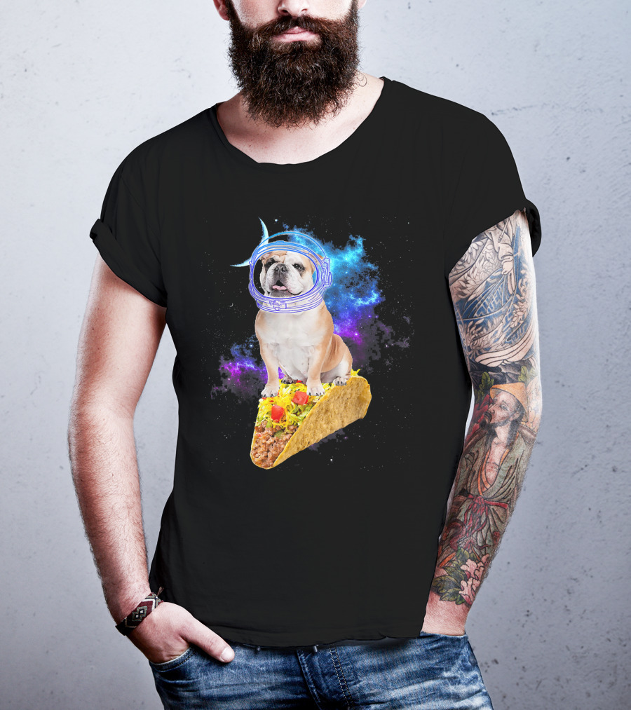 Space English Bulldog Astronaut Riding Taco In Galaxy T-Shirt