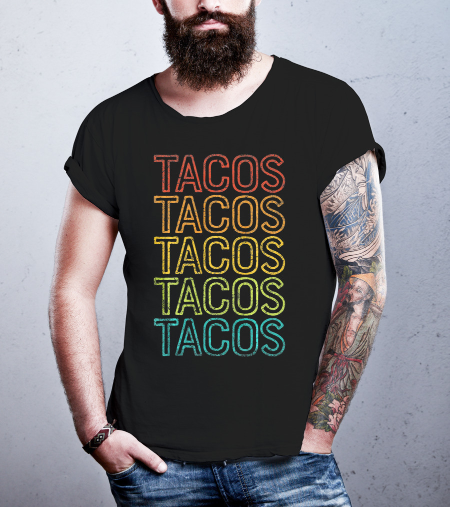 Retro Tacos Vintage Multi-Color Text T-Shirt