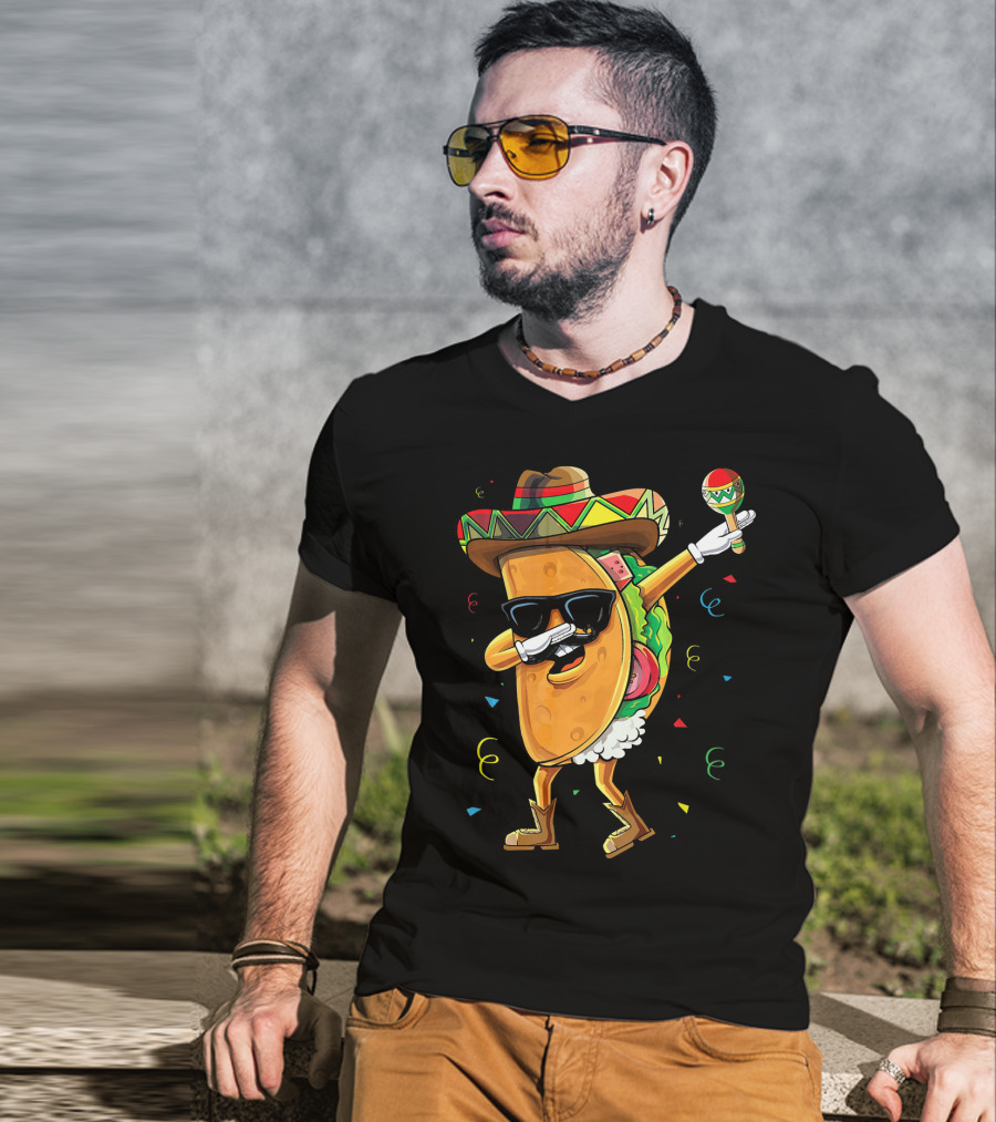 Dabbing Cool Taco Mexican Spanish Food Sombrero Maracas T-Shirt
