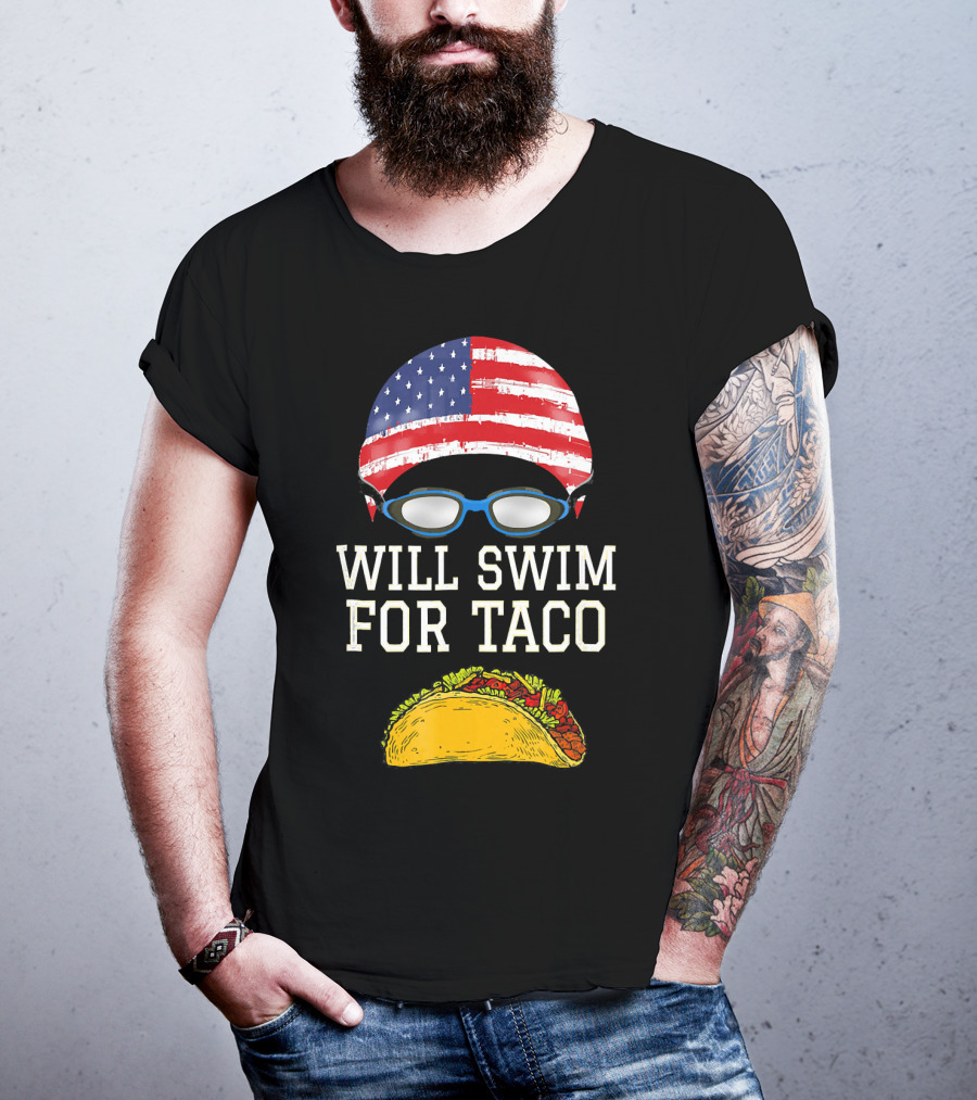Will Swim For Taco Funny Swimming Goggles American Flag Cap T-Shirt