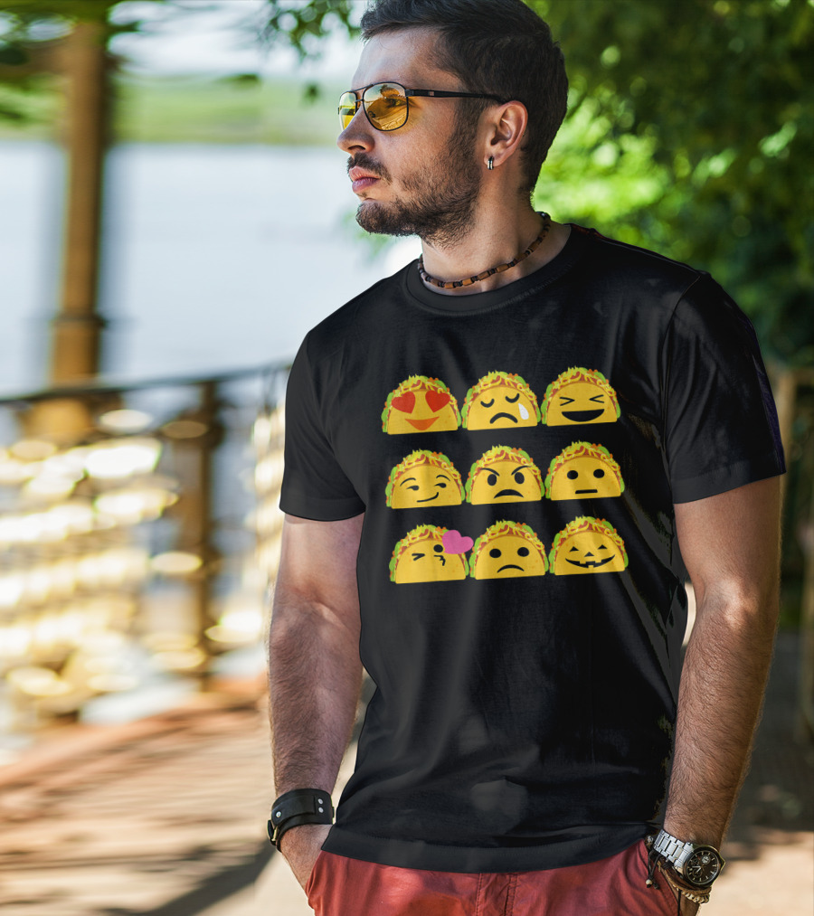 Taco Emoji Faces Heart Eyes Sad Crying Wink Kiss Laughing Pumpkin T-Shirt
