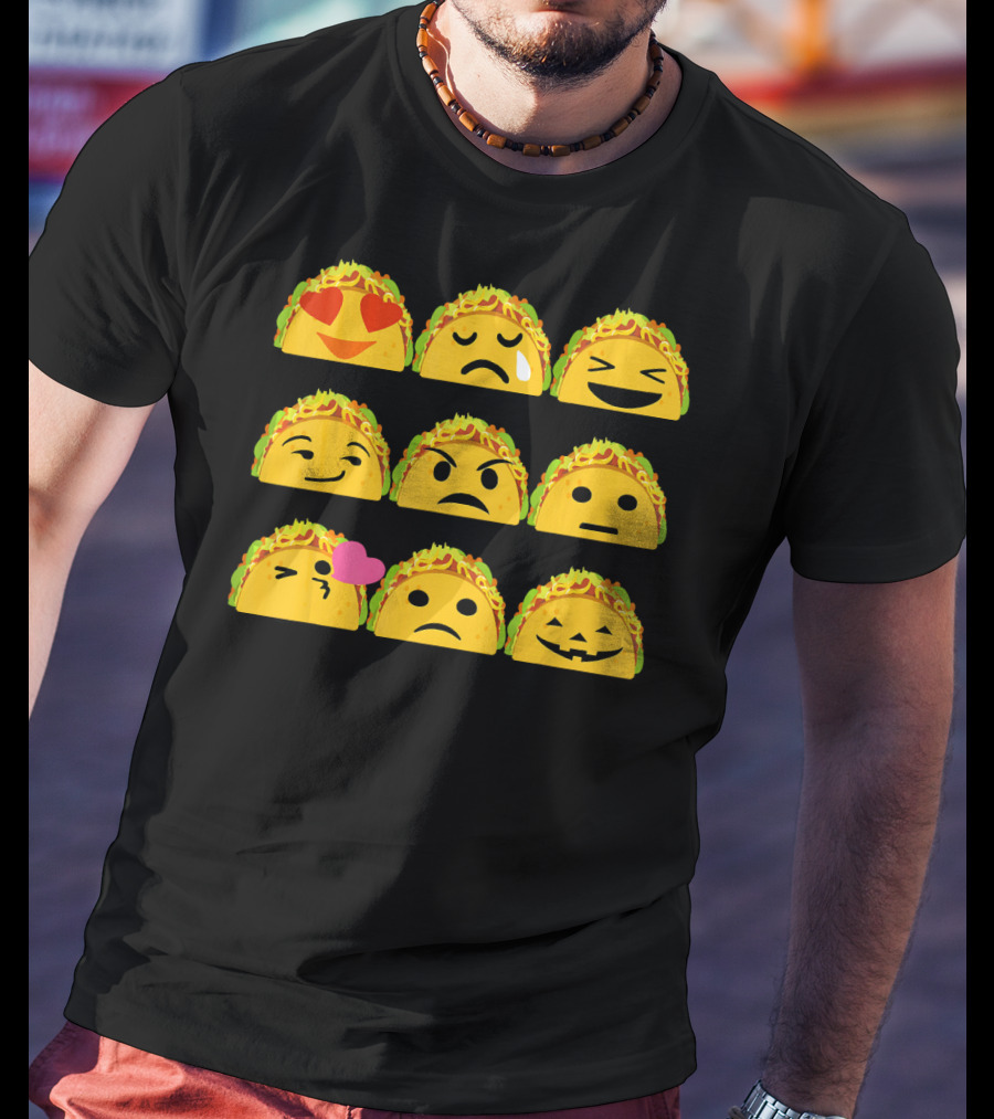 Taco Emoji Faces Heart Eyes Sad Crying Wink Kiss Laughing Pumpkin T-Shirt