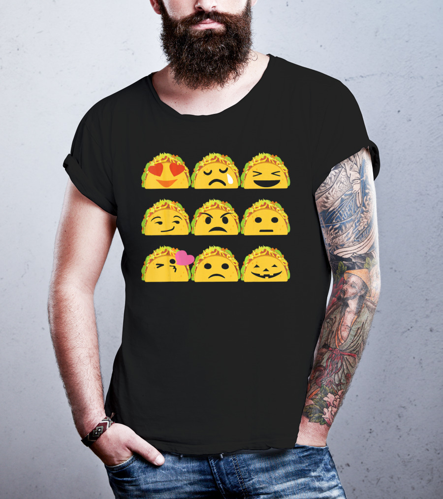 Taco Emoji Faces Heart Eyes Sad Crying Wink Kiss Laughing Pumpkin T-Shirt