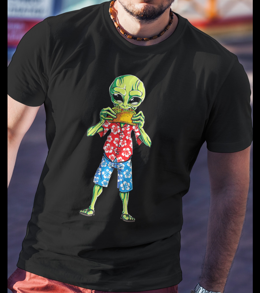Alien Eating Taco In Hawaiian Shirt 70s California Retro T-Shirt