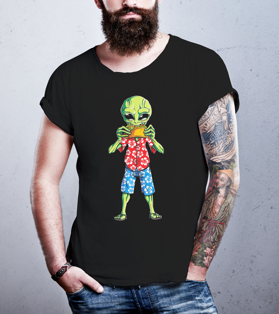Alien Eating Taco In Hawaiian Shirt 70s California Retro T-Shirt