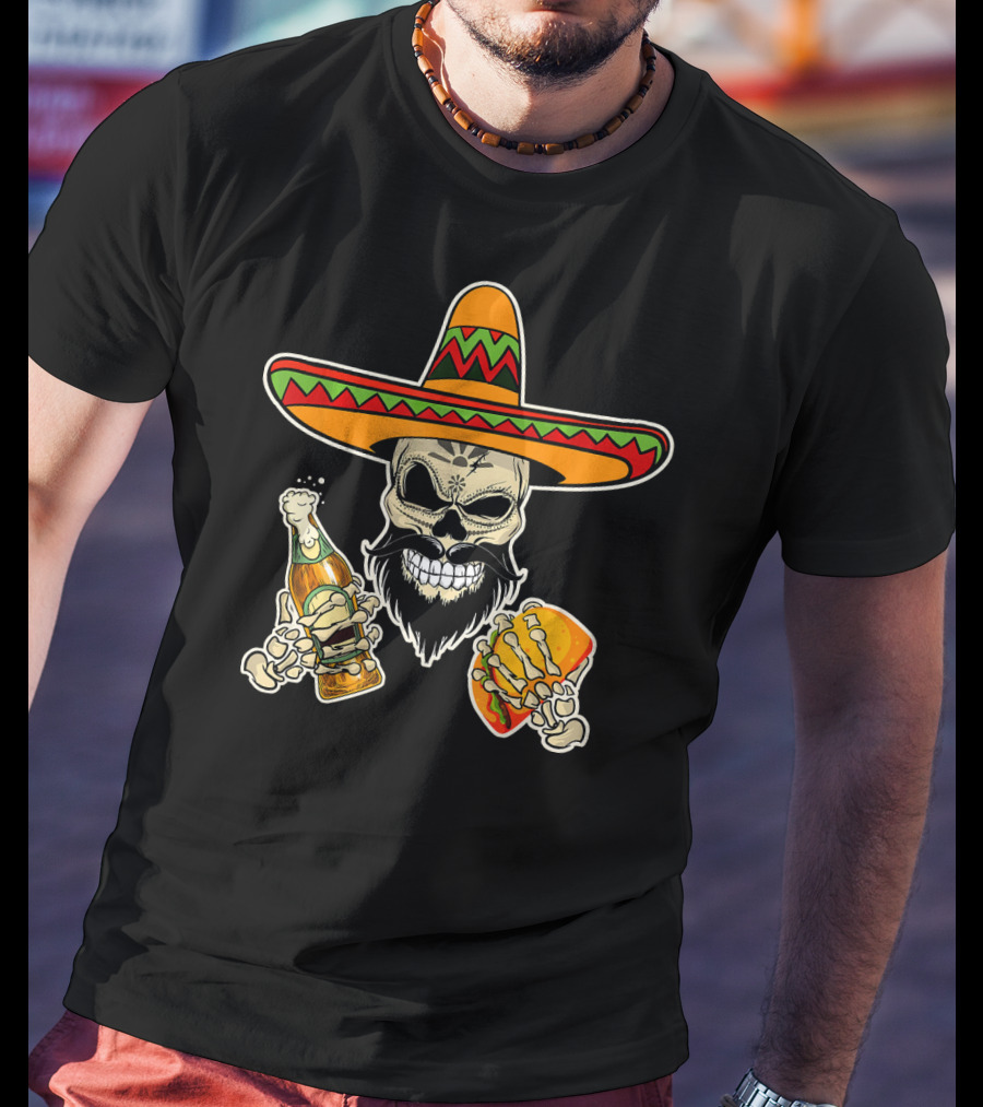 Sombrero-Wearing Sugar Skull With Beer And Tacos T-Shirt