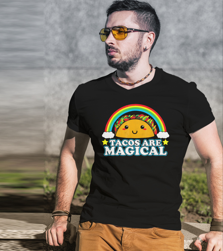Tacos Are Magical Cute Smiling Taco Rainbow Clouds Stars T-Shirt