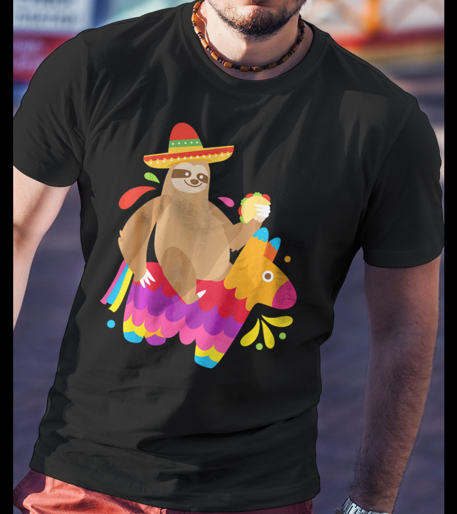 Sloth Taco Piñata Cute Mexican Fiesta Sombrero Riding Rainbow T-Shirt