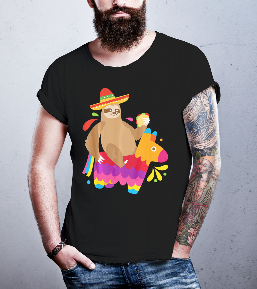 Sloth Taco Piñata Cute Mexican Fiesta Sombrero Riding Rainbow T-Shirt