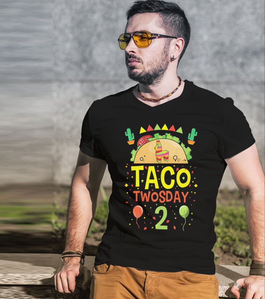 Taco Twosday 2 Two Year Old Boy Girl Cactus Balloon Party T-Shirt