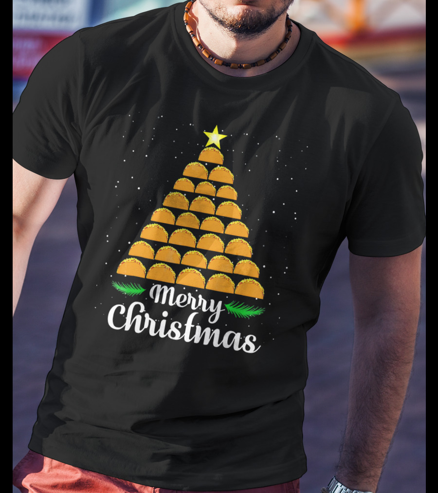 Merry Christmas Taco Tree With Star And Snowflakes T-Shirt