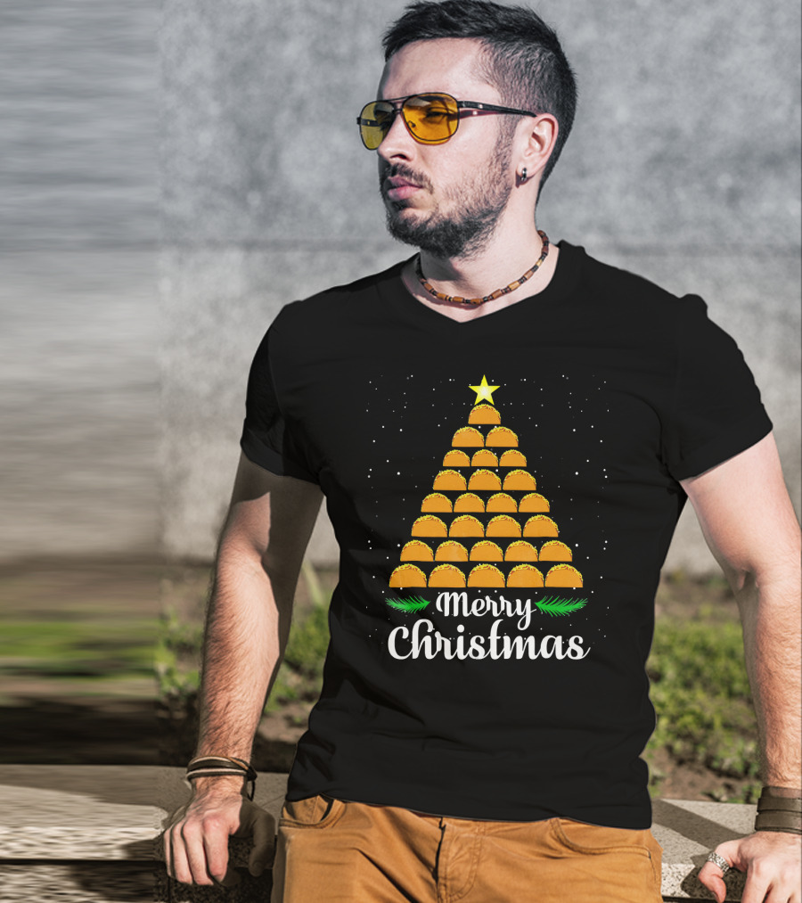 Merry Christmas Taco Tree With Star And Snowflakes T-Shirt