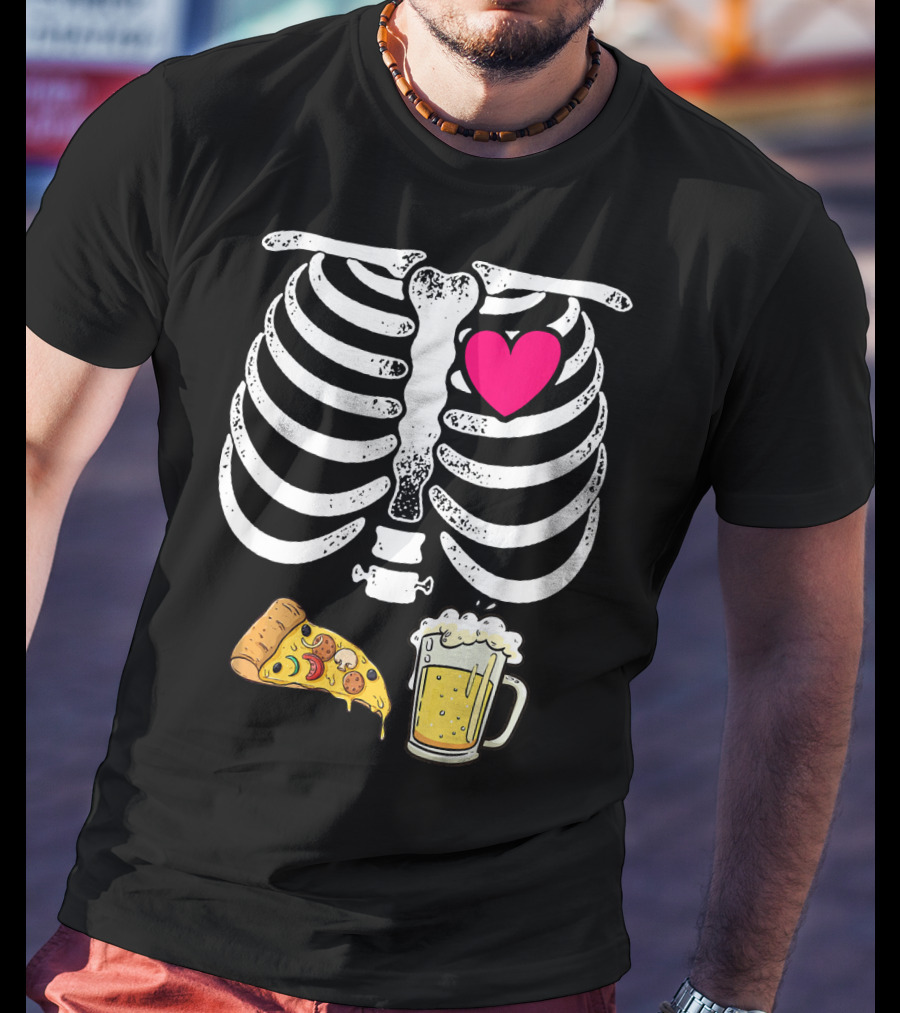 Skeleton Heart Pizza And Beer Xray T-Shirt