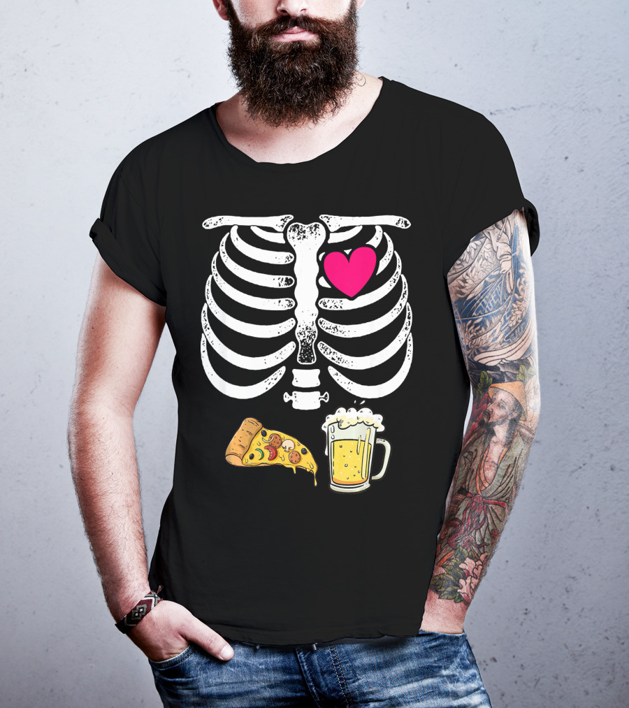 Skeleton Heart Pizza And Beer Xray T-Shirt