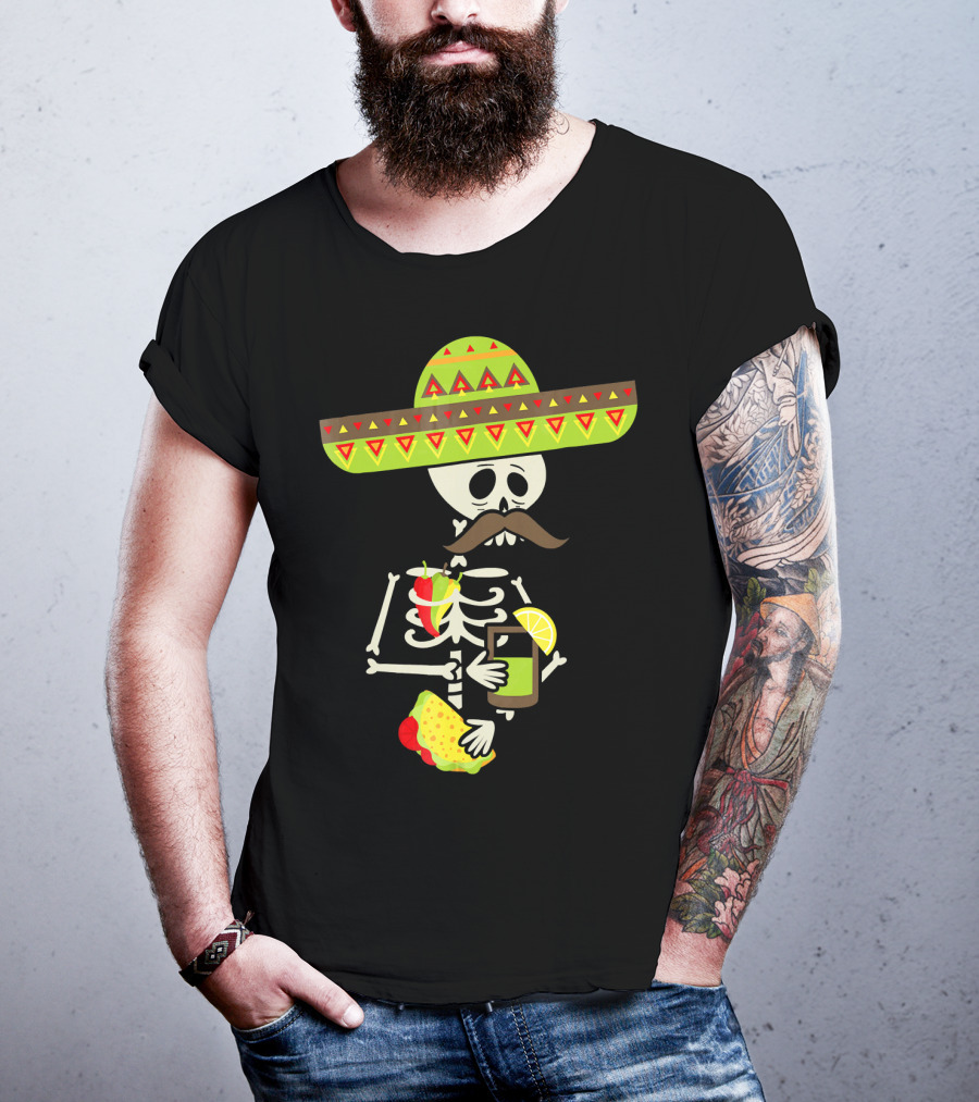Mexican Skeleton Sombrero Holding Tequila Chili Tacos T-Shirt