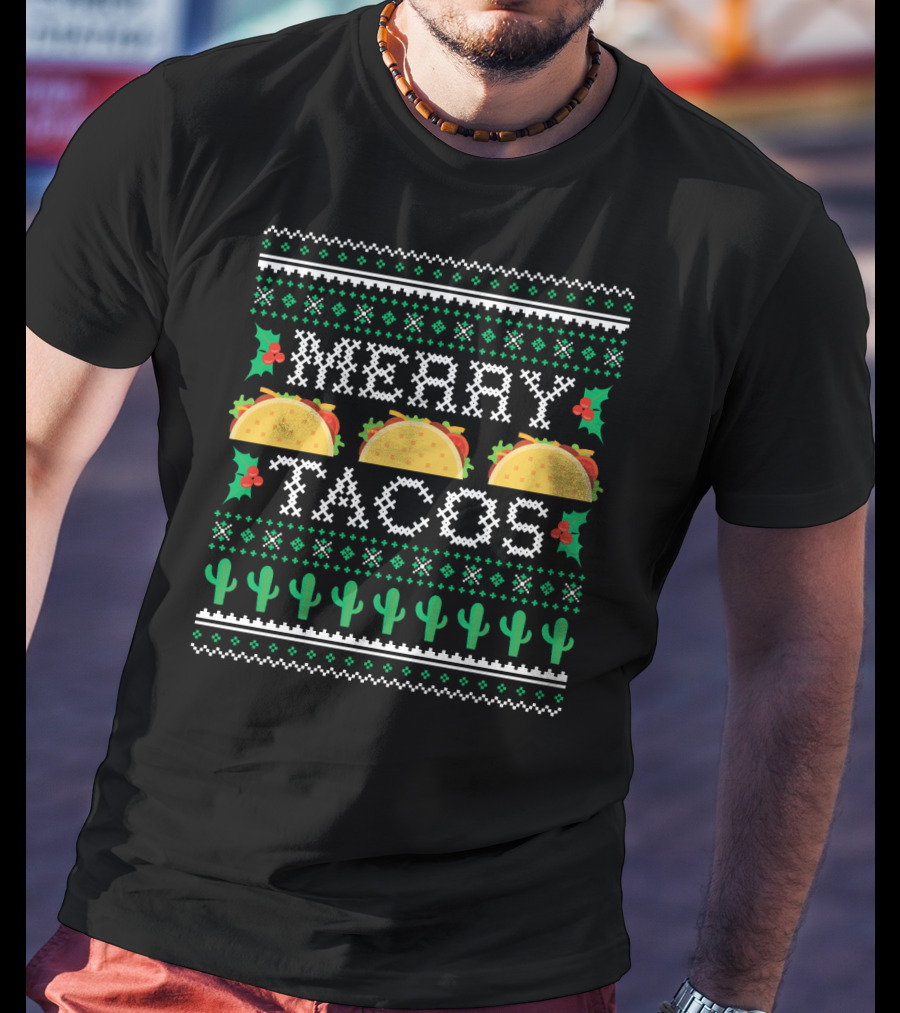Merry Tacos Ugly Christmas Cactus Holly T-Shirt