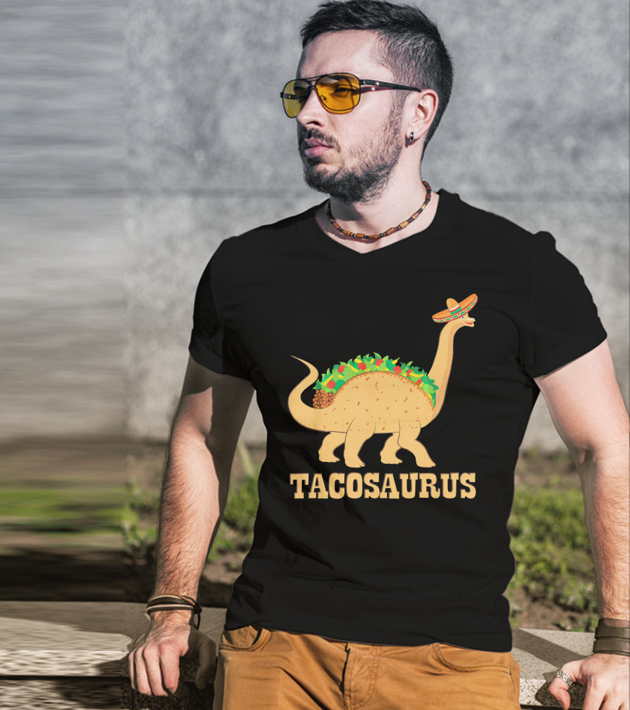 Tacosaurus Sombrero Wearing Dinosaur With Mexican Food Elements T-Shirt