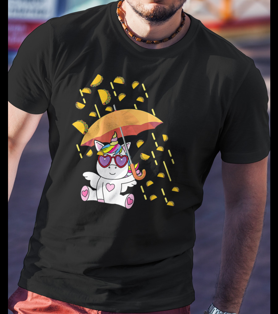 Its Raining Tacos Funny Unicorn With Umbrella And Sunglasses T-Shirt