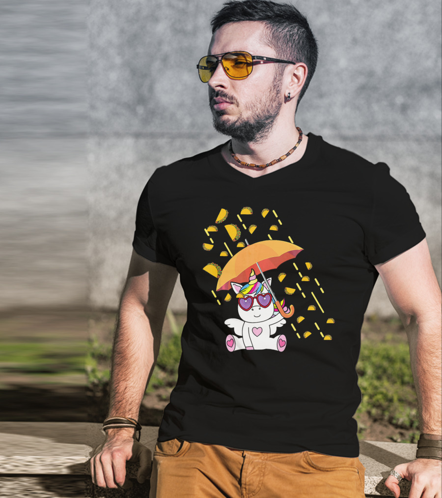 Its Raining Tacos Funny Unicorn With Umbrella And Sunglasses T-Shirt