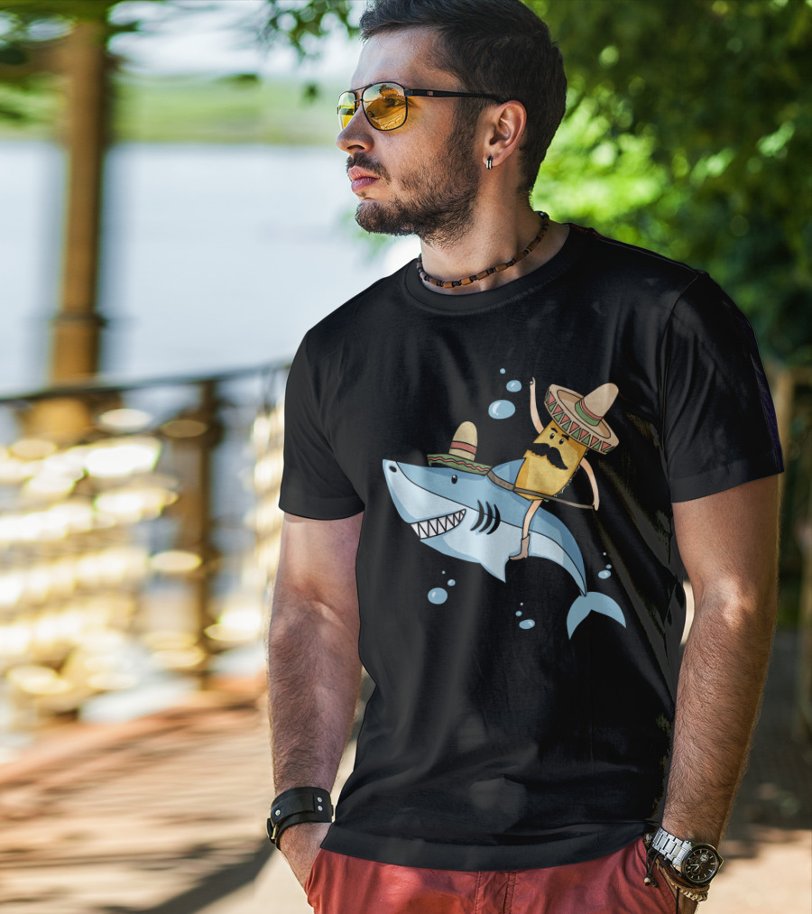 Taco Guy Riding Sombrero Shark Funny Mexican Style Long T-Shirt