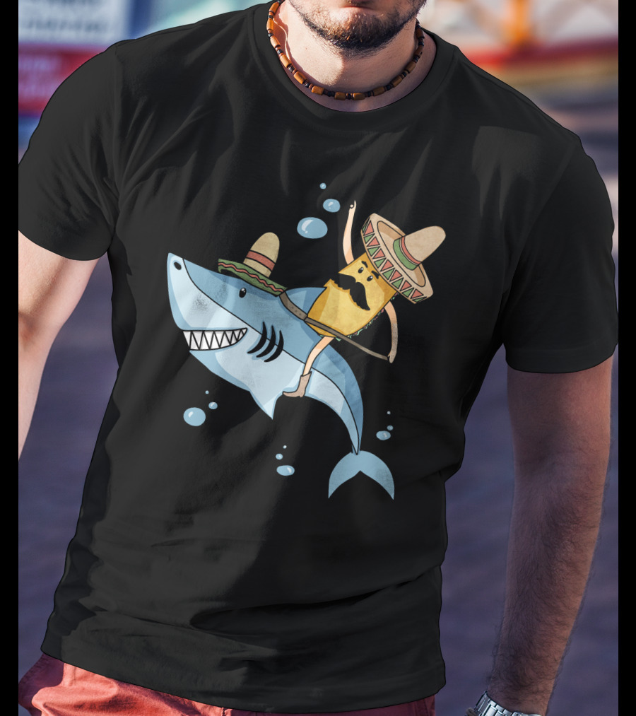 Taco Guy Riding Sombrero Shark Funny Mexican Style Long T-Shirt