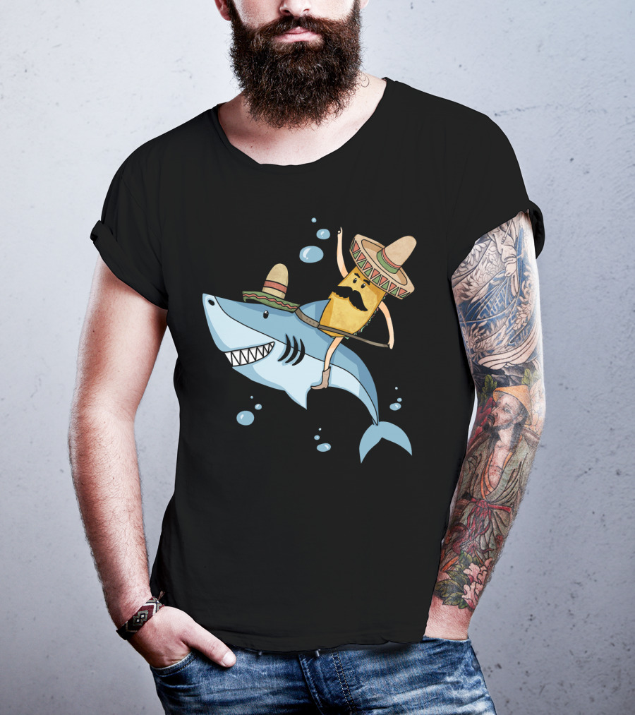 Taco Guy Riding Sombrero Shark Funny Mexican Style Long T-Shirt