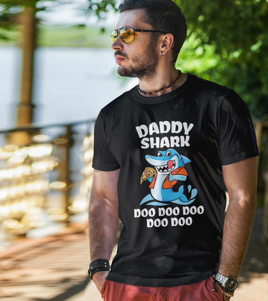 Daddy Shark Doo Doo Doo Doo Pizza Eating Cartoon Shark T-Shirt