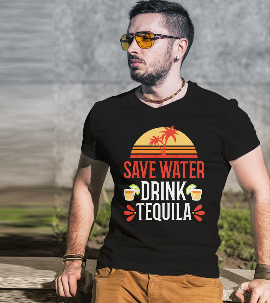 Save Water Drink Tequila Mexican Palm Sunset Lime T-Shirt